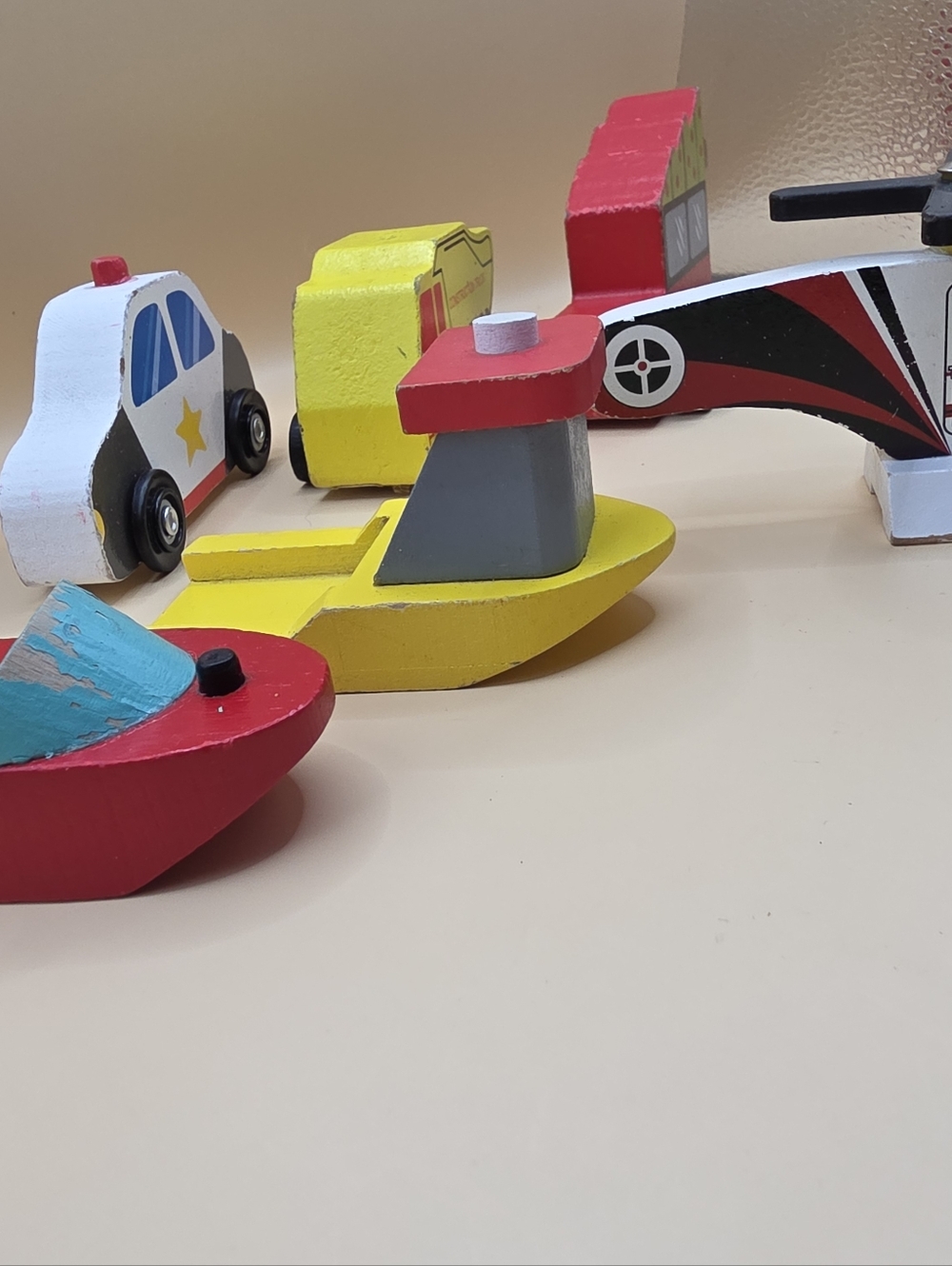 7 Chunky Wooden Vehicles Helicopter Boats Police Car Mail Truck Preschool - Picture 3 of 3